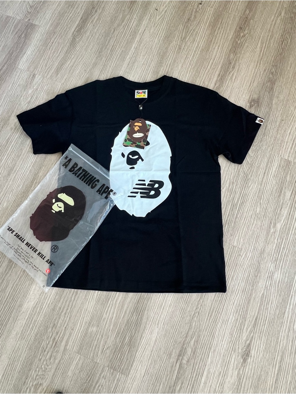 Bape Black Tee with White Ape Head & New Balance Logo